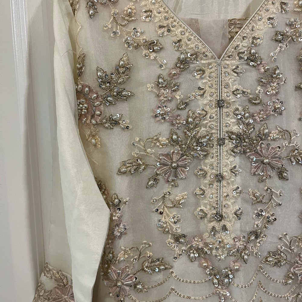 Indian Pakistani Cream Embellished Salwar Kurta set